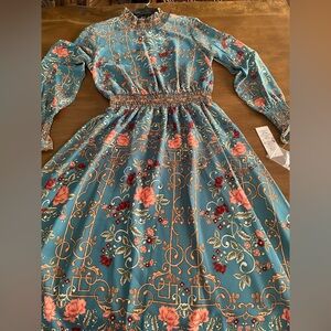 Nanette Lepore Teal and Coral Long Sleeve Dress